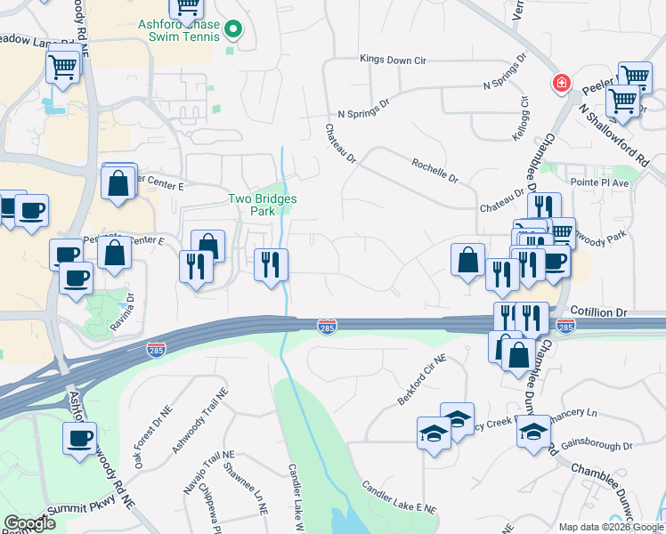 map of restaurants, bars, coffee shops, grocery stores, and more near 1508 Old Spring House Lane in Dunwoody