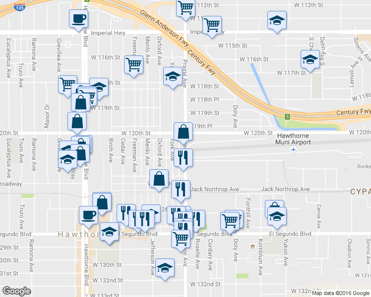 map of restaurants, bars, coffee shops, grocery stores, and more near 12113 Prairie Ave in Hawthorne