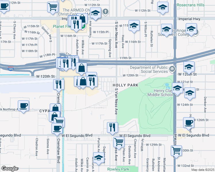 map of restaurants, bars, coffee shops, grocery stores, and more near 12016 Fairmont Court in Hawthorne