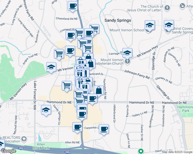 map of restaurants, bars, coffee shops, grocery stores, and more near 315 Hilderbrand Drive in Atlanta