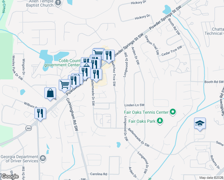 map of restaurants, bars, coffee shops, grocery stores, and more near 1276 Natchez Trce Southwest in Marietta