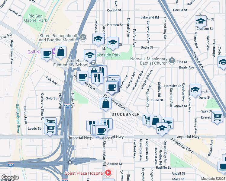 map of restaurants, bars, coffee shops, grocery stores, and more near 11005 Firestone Boulevard in Norwalk