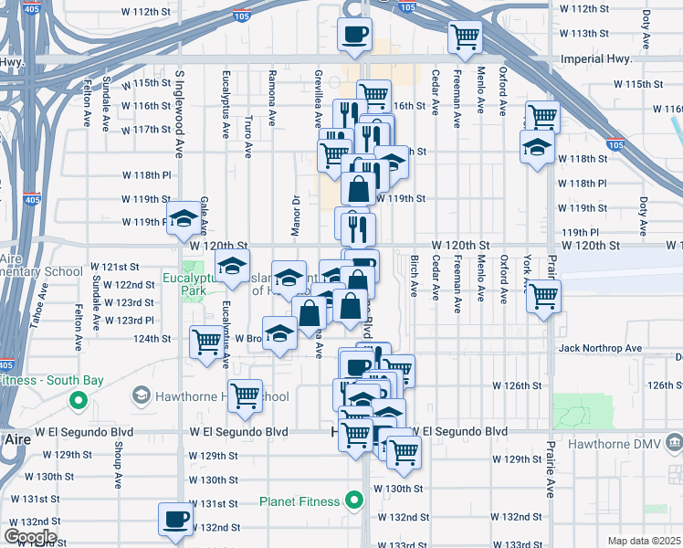 map of restaurants, bars, coffee shops, grocery stores, and more near 12111 Hawthorne Way in Hawthorne