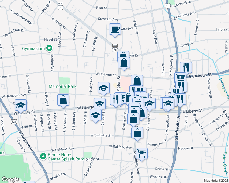 map of restaurants, bars, coffee shops, grocery stores, and more near 108 North Washington Street in Sumter