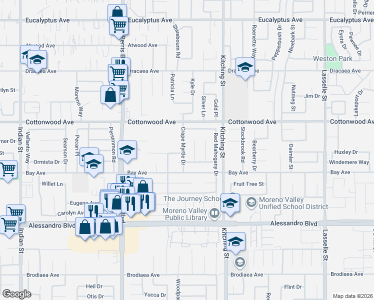 map of restaurants, bars, coffee shops, grocery stores, and more near 13644 Crape Myrtle Drive in Moreno Valley