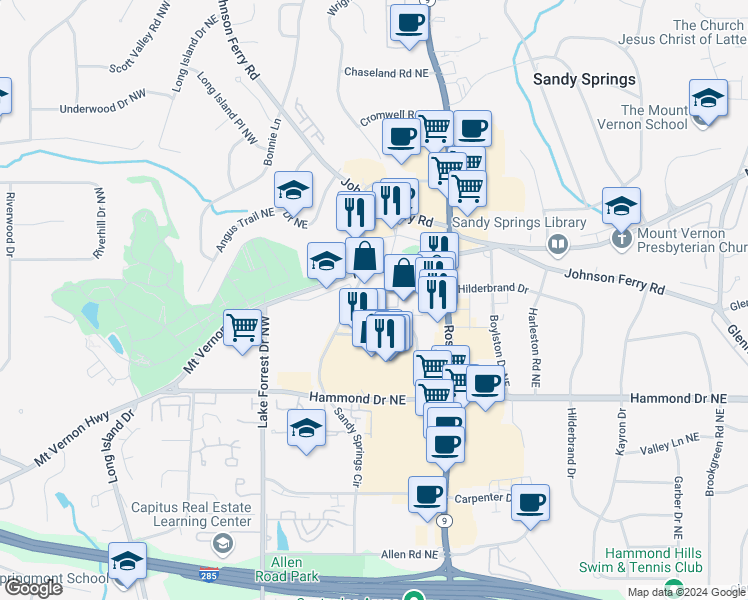 map of restaurants, bars, coffee shops, grocery stores, and more near 145 Hilderbrand Drive in Atlanta