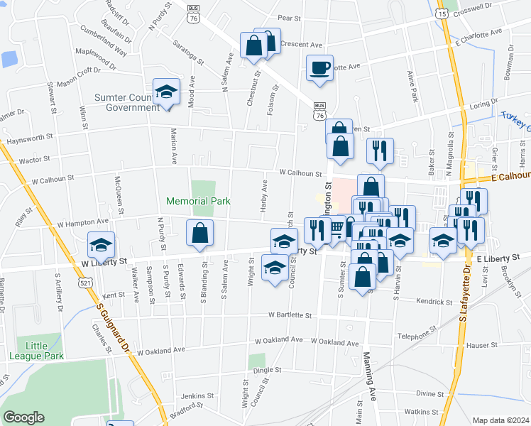 map of restaurants, bars, coffee shops, grocery stores, and more near 7 Harby Avenue in Sumter