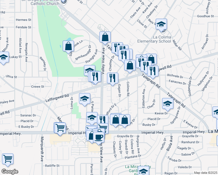 map of restaurants, bars, coffee shops, grocery stores, and more near 11818 Corley Drive in Whittier