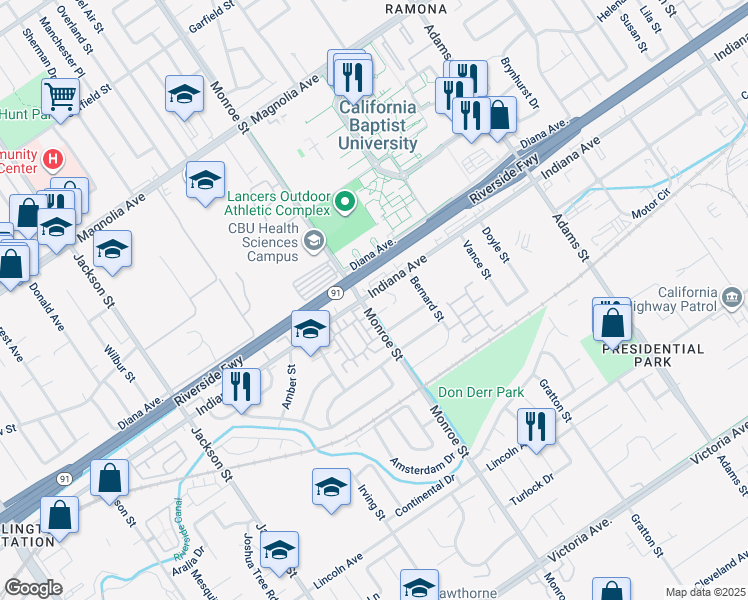 map of restaurants, bars, coffee shops, grocery stores, and more near 8680 Indiana Avenue in Riverside