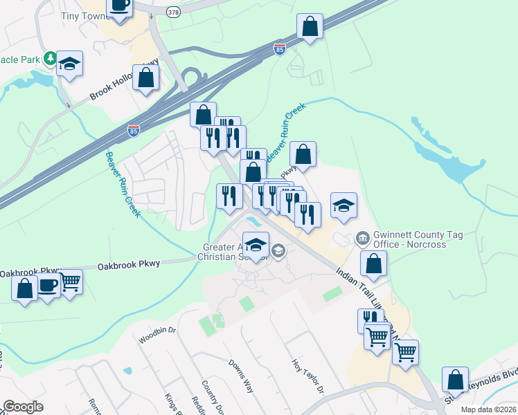 map of restaurants, bars, coffee shops, grocery stores, and more near 1600 Indian Trail Lilburn Rd in Norcross