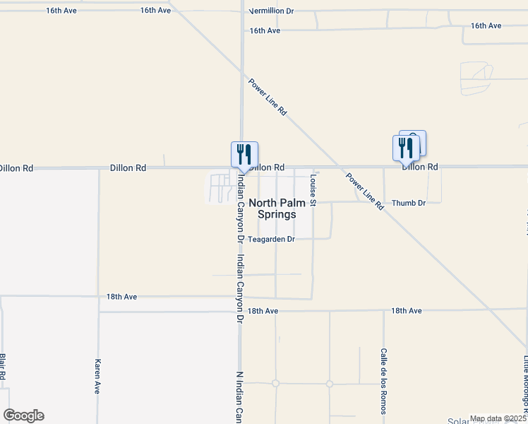 map of restaurants, bars, coffee shops, grocery stores, and more near 17312 Covey Street in North Palm Springs