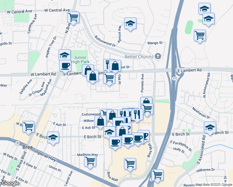 map of restaurants, bars, coffee shops, grocery stores, and more near 331/333 Oak Place in Brea