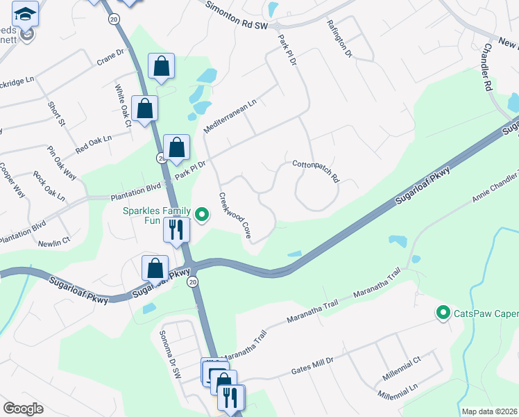 map of restaurants, bars, coffee shops, grocery stores, and more near 1380 Creekwood Cove in Lawrenceville