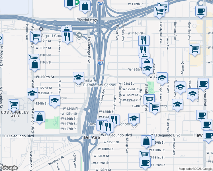 map of restaurants, bars, coffee shops, grocery stores, and more near 5037 West 122nd Street in Hawthorne