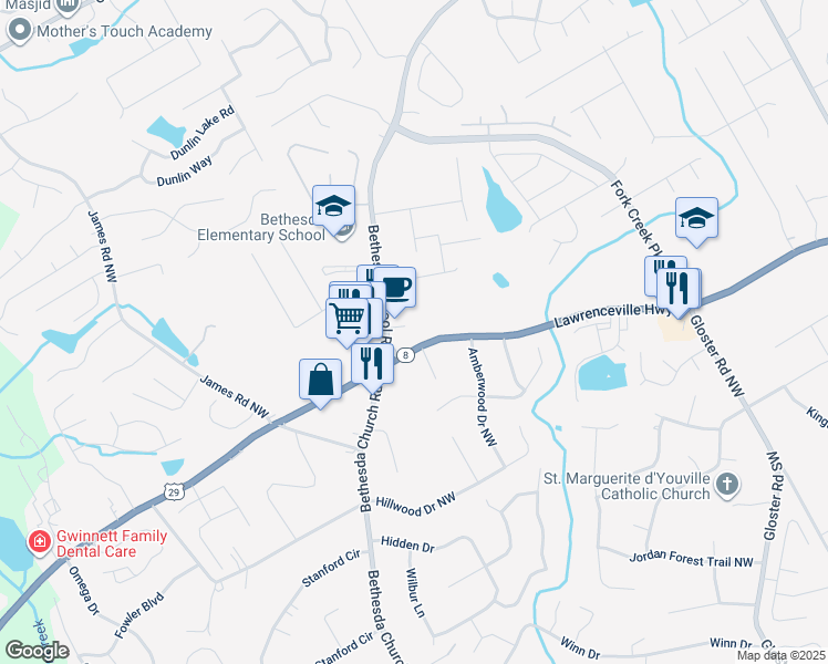 map of restaurants, bars, coffee shops, grocery stores, and more near 2965 Lawrenceville Highway in Lawrenceville