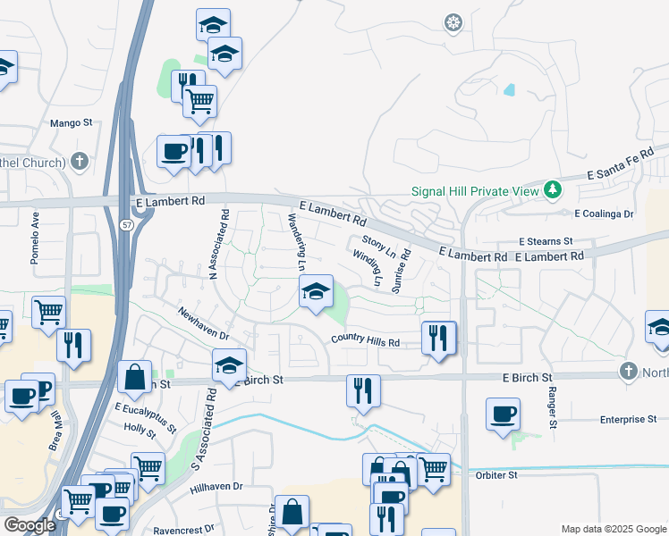 map of restaurants, bars, coffee shops, grocery stores, and more near 309 Roundtree Court in Brea