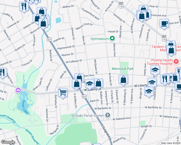 map of restaurants, bars, coffee shops, grocery stores, and more near 539 West Hampton Avenue in Sumter