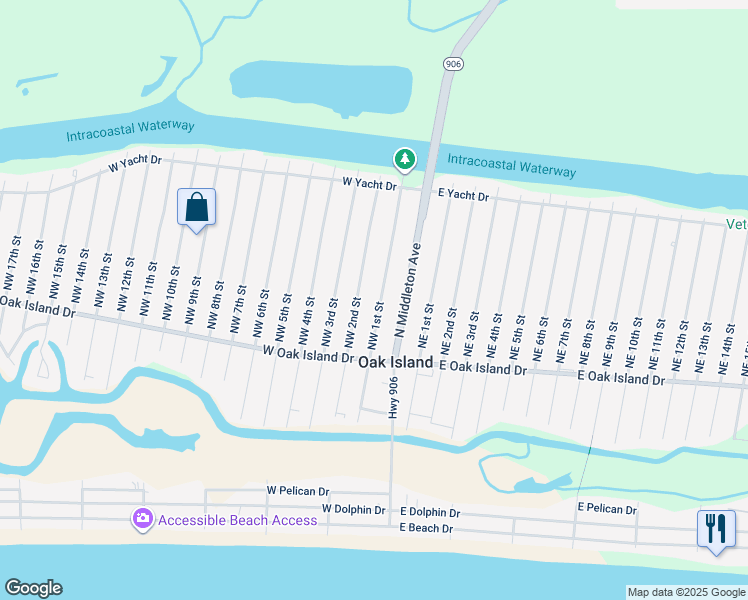 map of restaurants, bars, coffee shops, grocery stores, and more near 121 Northwest 1st Street in Oak Island