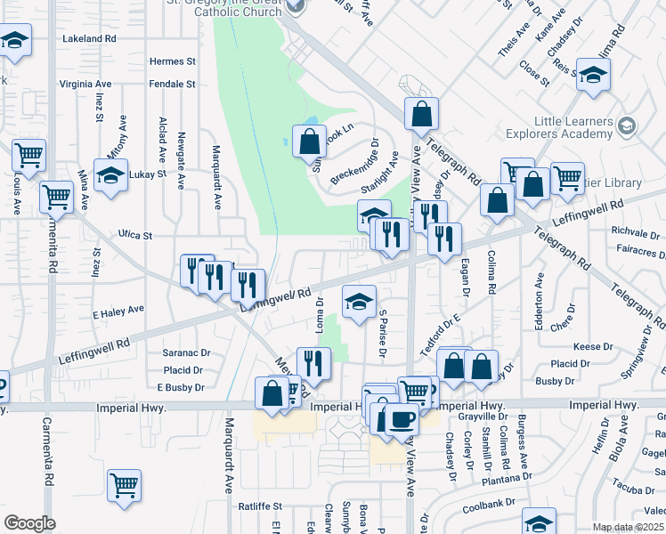 map of restaurants, bars, coffee shops, grocery stores, and more near 14018 Coteau Drive in Whittier