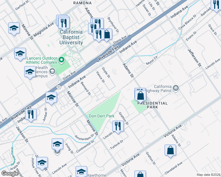 map of restaurants, bars, coffee shops, grocery stores, and more near 8456 Lucas Street in Riverside