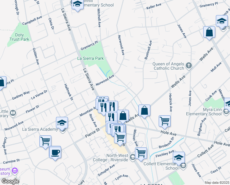 map of restaurants, bars, coffee shops, grocery stores, and more near 10920 Sunnyslope Avenue in Riverside