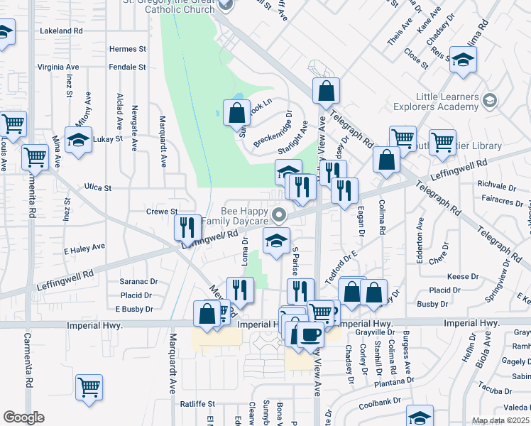 map of restaurants, bars, coffee shops, grocery stores, and more near 14053 Leffingwell Road in Whittier