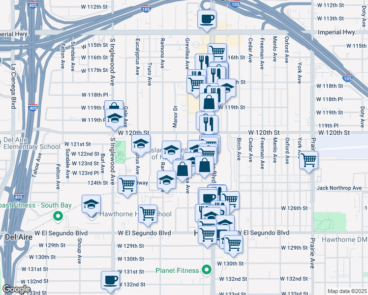 map of restaurants, bars, coffee shops, grocery stores, and more near 12116 Grevillea Avenue in Hawthorne