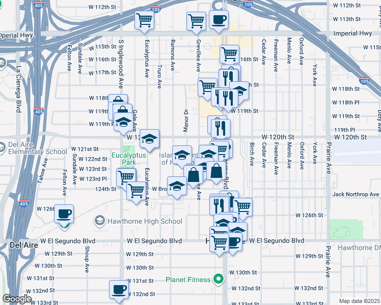 map of restaurants, bars, coffee shops, grocery stores, and more near 12111 Manor Drive in Hawthorne