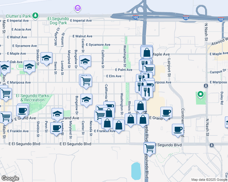 map of restaurants, bars, coffee shops, grocery stores, and more near 505 Kansas Street in El Segundo