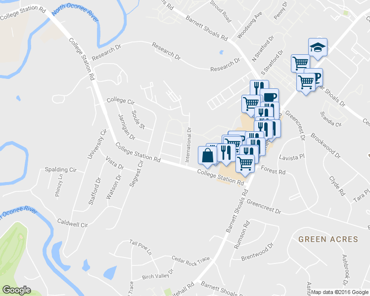 map of restaurants, bars, coffee shops, grocery stores, and more near 220 Mark Twain Circle in Athens