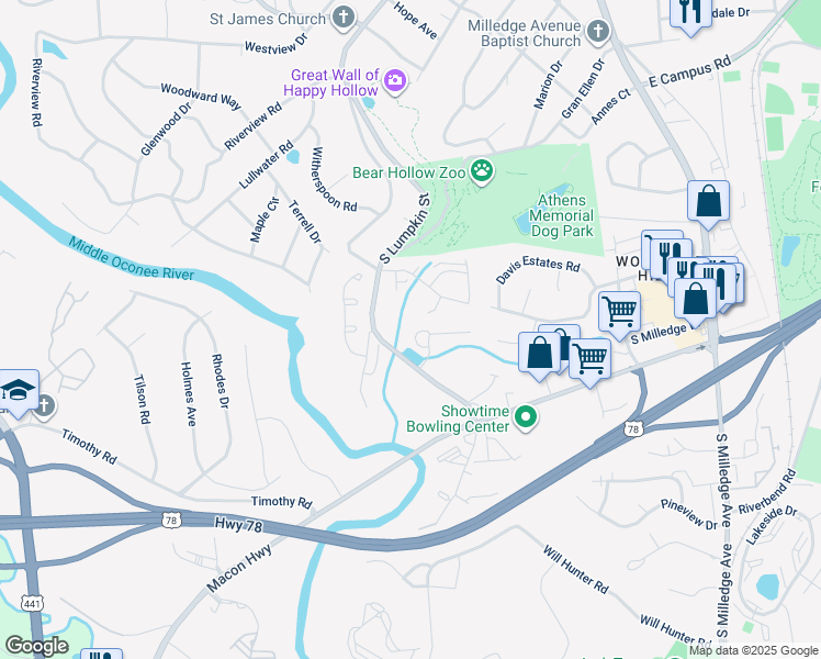 map of restaurants, bars, coffee shops, grocery stores, and more near 175 Eaglewood Way in Athens
