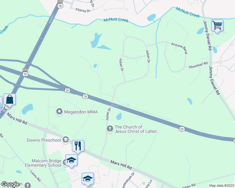 map of restaurants, bars, coffee shops, grocery stores, and more near 1260 Julian Drive in Watkinsville