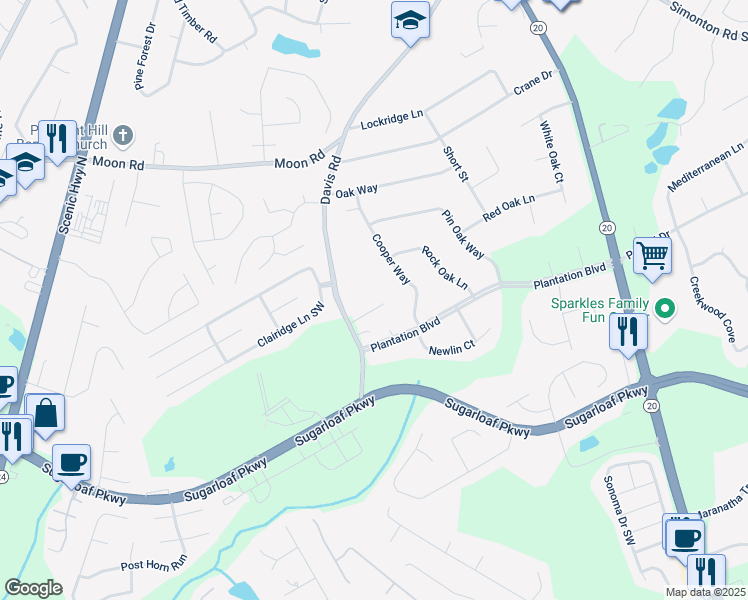 map of restaurants, bars, coffee shops, grocery stores, and more near 596 Coast Oak Circle in Lawrenceville