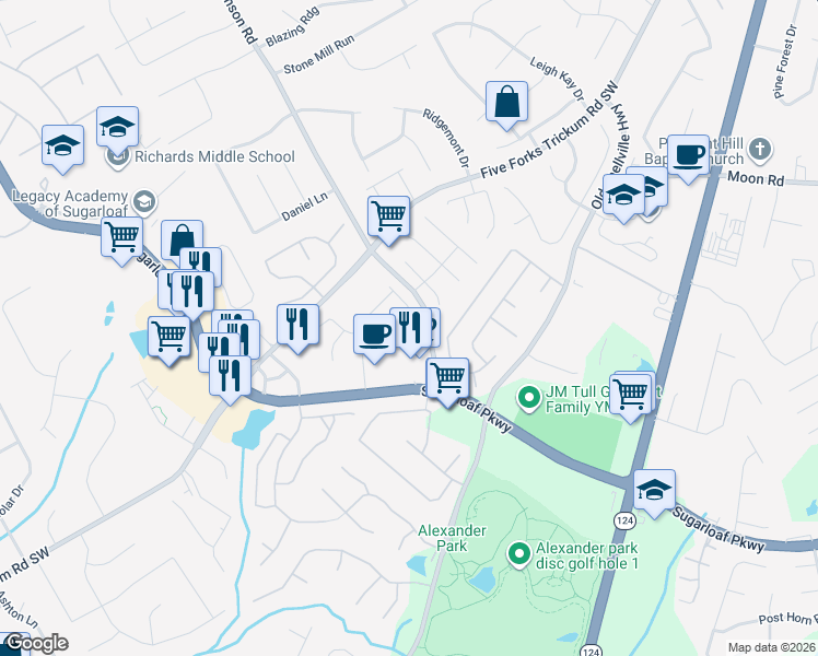 map of restaurants, bars, coffee shops, grocery stores, and more near 571 Brianton Court in Lawrenceville