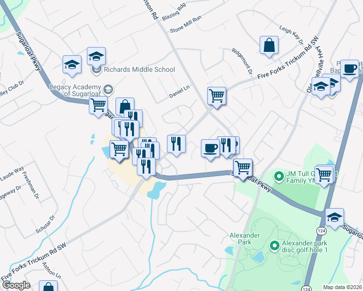 map of restaurants, bars, coffee shops, grocery stores, and more near 1389 Laurelwood Court in Lawrenceville