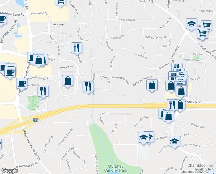map of restaurants, bars, coffee shops, grocery stores, and more near 1508 Old Spring House Lane in Dunwoody