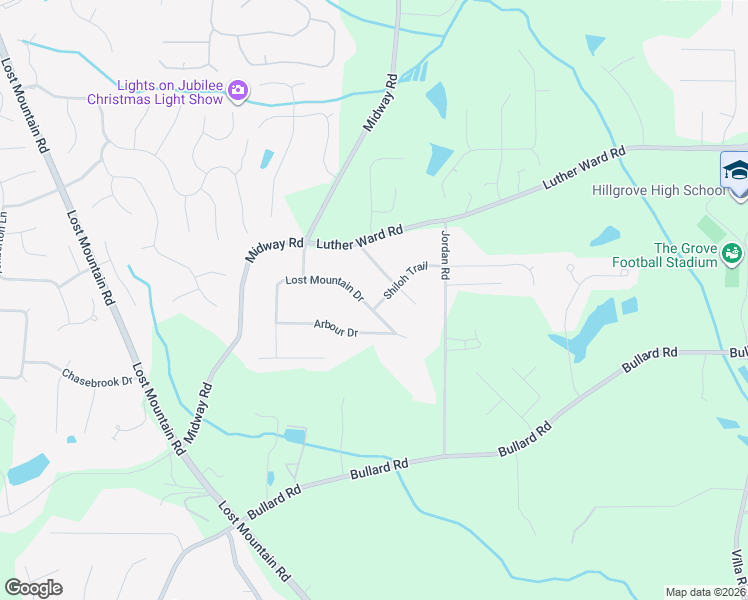 map of restaurants, bars, coffee shops, grocery stores, and more near 4458 Shiloh Trail in Powder Springs