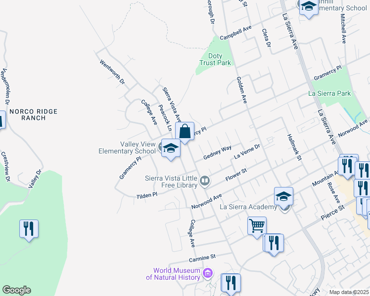 map of restaurants, bars, coffee shops, grocery stores, and more near 5278 Sierra Vista Avenue in Riverside