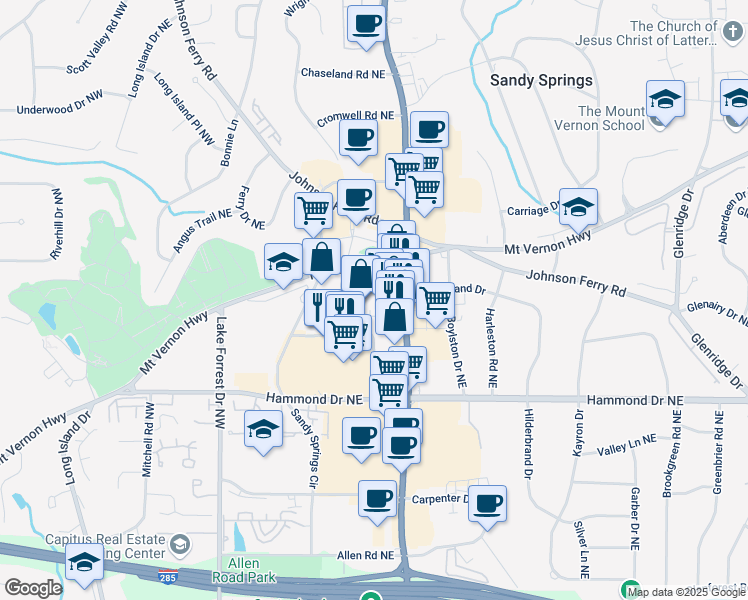 map of restaurants, bars, coffee shops, grocery stores, and more near 215 Hilderbrand Drive in Atlanta