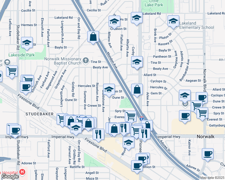 map of restaurants, bars, coffee shops, grocery stores, and more near 11609 Gem Street in Norwalk