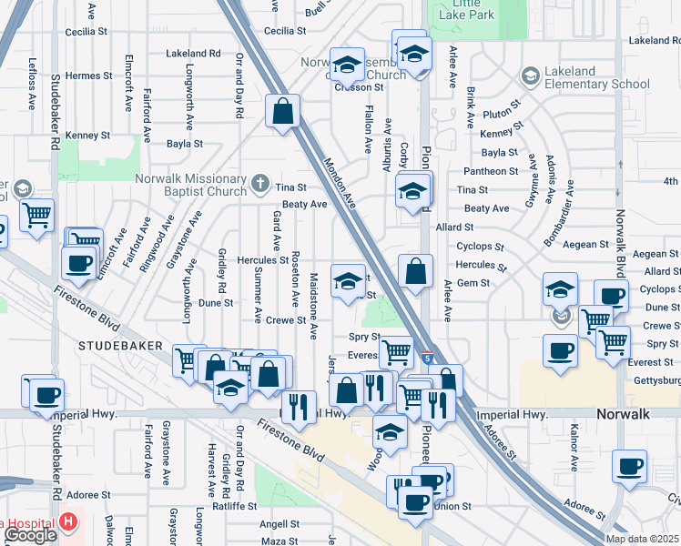 map of restaurants, bars, coffee shops, grocery stores, and more near 11609 Gem Street in Norwalk