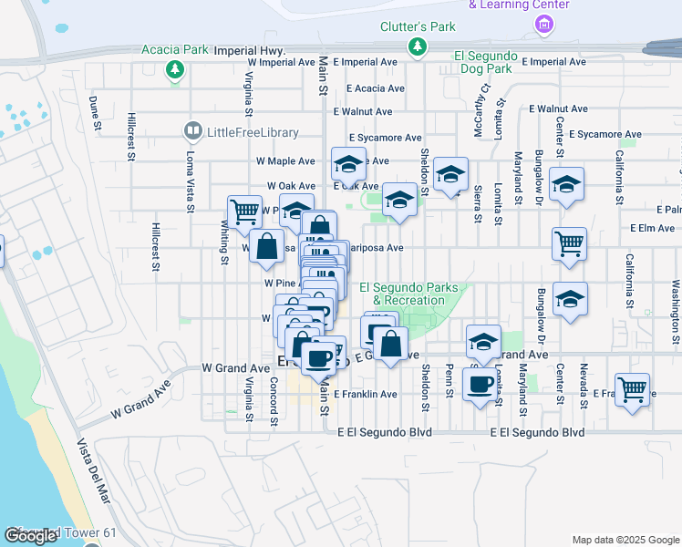 map of restaurants, bars, coffee shops, grocery stores, and more near 511 Standard Street in El Segundo