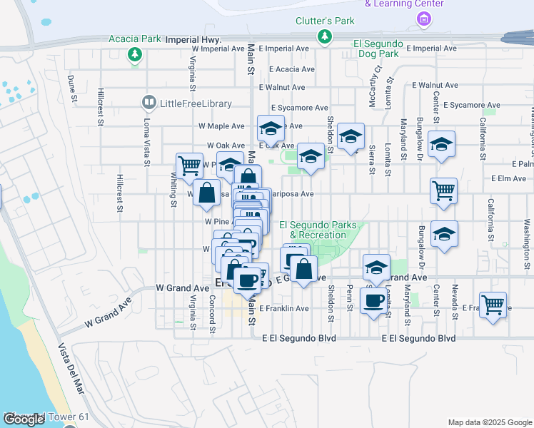 map of restaurants, bars, coffee shops, grocery stores, and more near 511 Standard Street in El Segundo