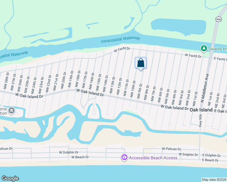 map of restaurants, bars, coffee shops, grocery stores, and more near 106 Northwest 12th Street in Oak Island