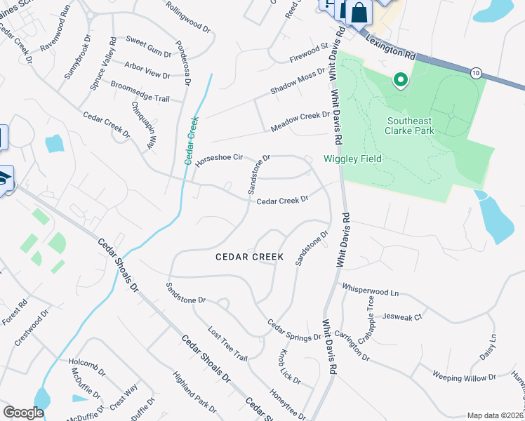 map of restaurants, bars, coffee shops, grocery stores, and more near 490 Cedar Creek Drive in Athens