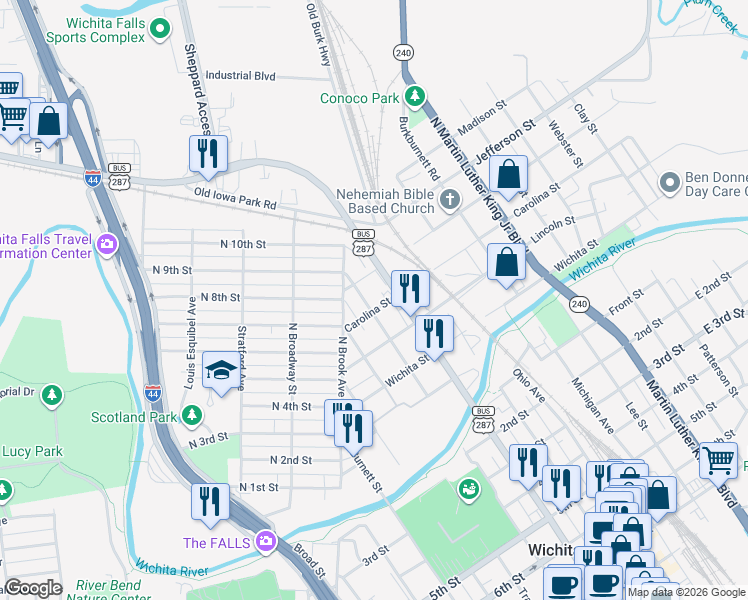 map of restaurants, bars, coffee shops, grocery stores, and more near 703 North Lamar Street in Wichita Falls
