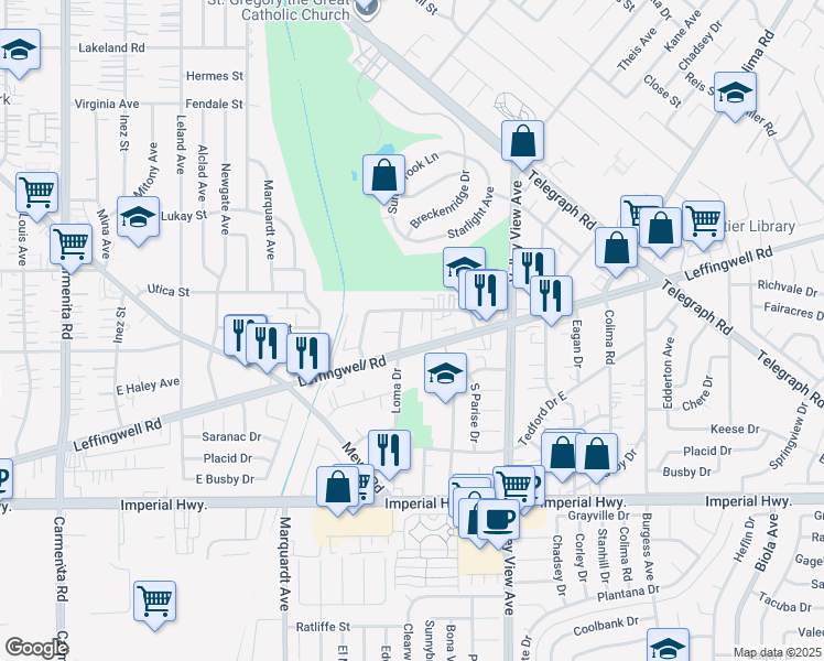 map of restaurants, bars, coffee shops, grocery stores, and more near 14018 Coteau Drive in Whittier
