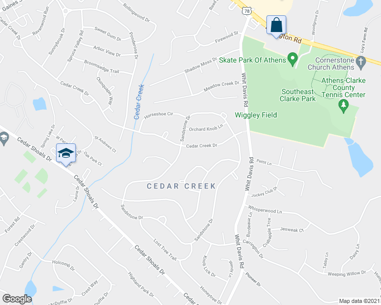 map of restaurants, bars, coffee shops, grocery stores, and more near 490 Cedar Creek Drive in Athens
