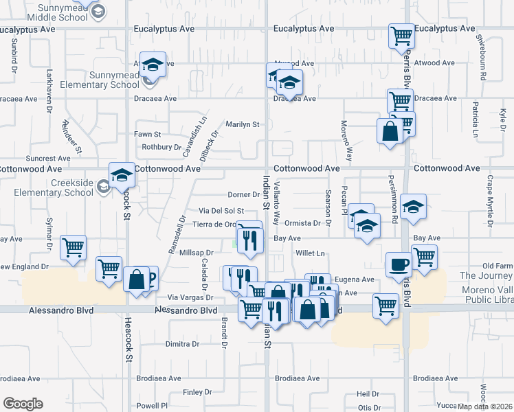 map of restaurants, bars, coffee shops, grocery stores, and more near 24500 Via Del Sol Street in Moreno Valley