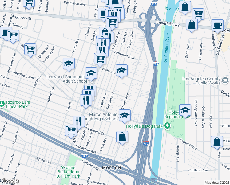 map of restaurants, bars, coffee shops, grocery stores, and more near 11278 Duncan Avenue in Lynwood